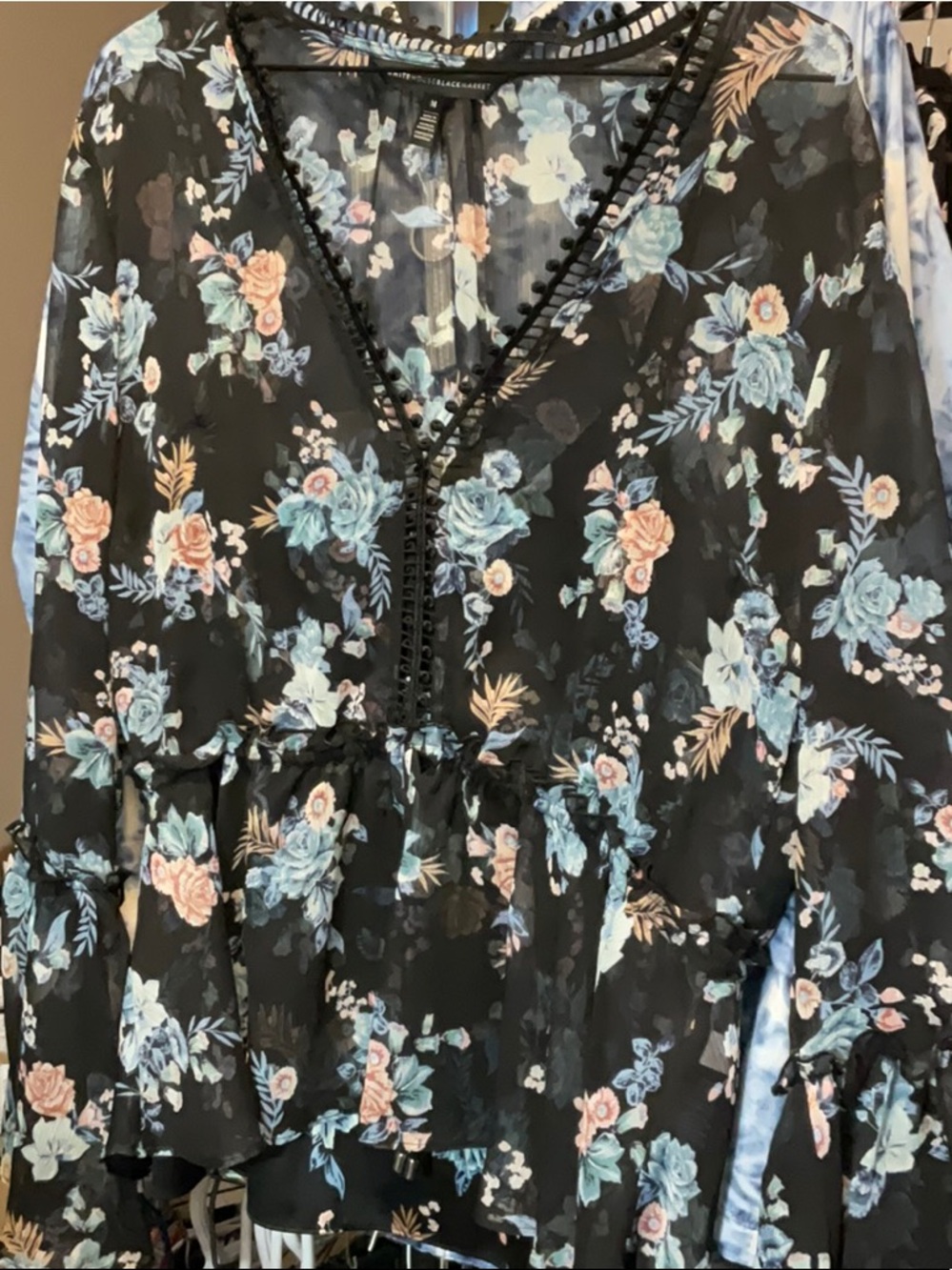 Floral V-Neck Peplum Blouse - Black with Blue & Peach Flowers
